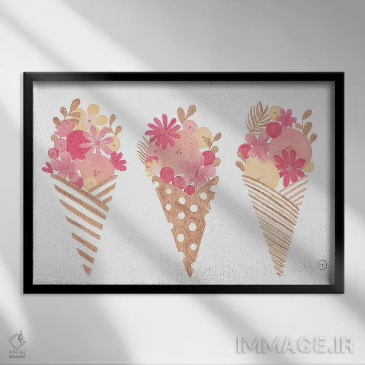 تابلو قیف بستنی روی کاغذ طلایی اثر کریتینگ تارین - نمای قابدار مشکی