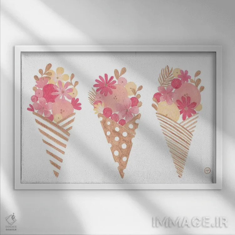 تابلو قیف بستنی روی کاغذ طلایی اثر کریتینگ تارین - نمای قابدار سفید