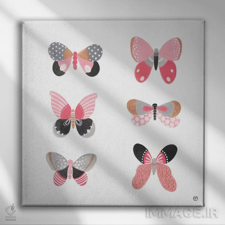 تابلو کاغذ مربع شش پروانه اثر کریتینگ تارین - نمای روبهرو روی دیوار