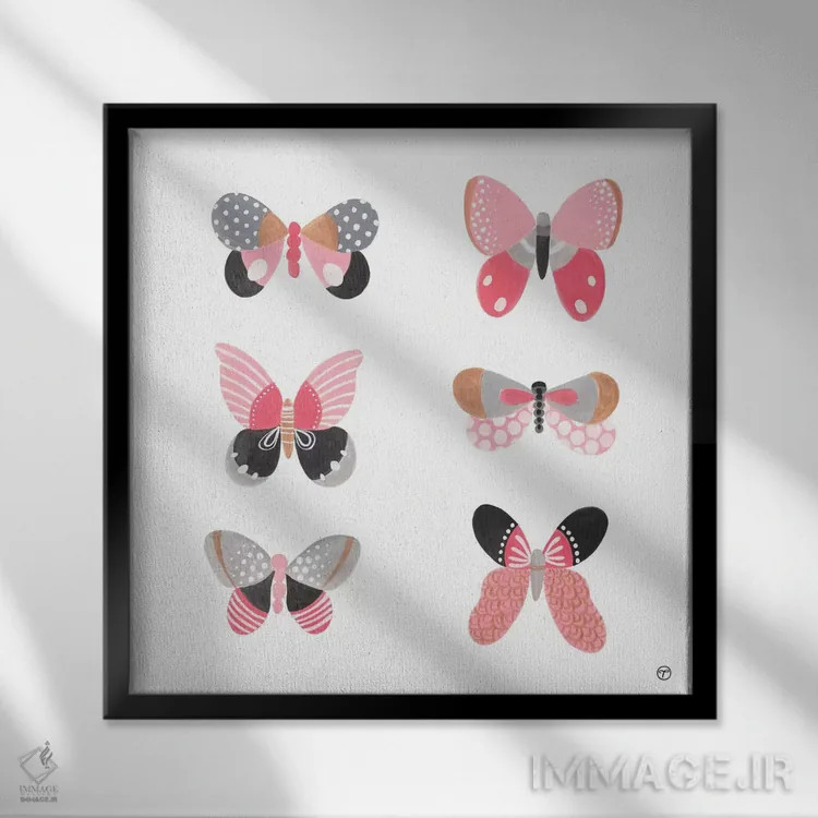 تابلو کاغذ مربع شش پروانه اثر کریتینگ تارین - نمای قابدار مشکی