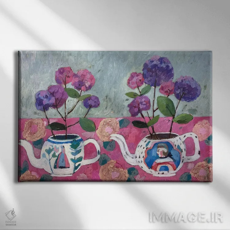 تابلو هورتانسیاها و قوریها اثر شارلوت هاردی - نمای روبهرو روی دیوار