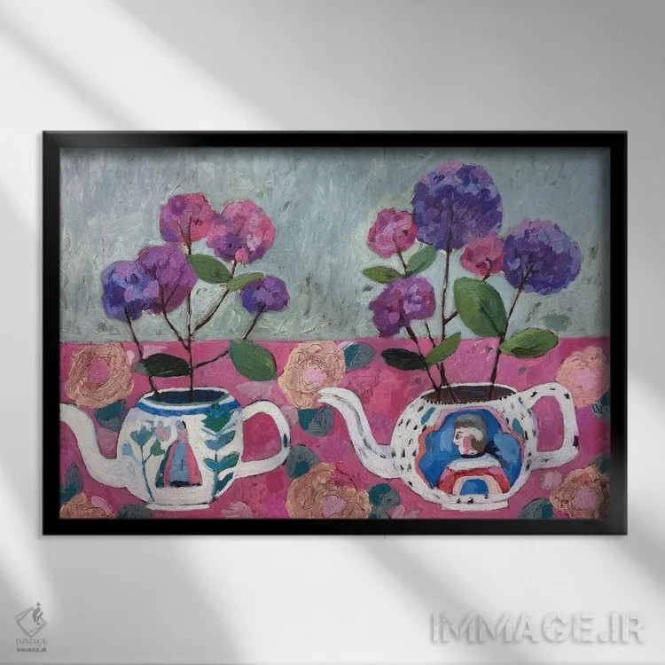 تابلو هورتانسیاها و قوریها اثر شارلوت هاردی - نمای قابدار مشکی