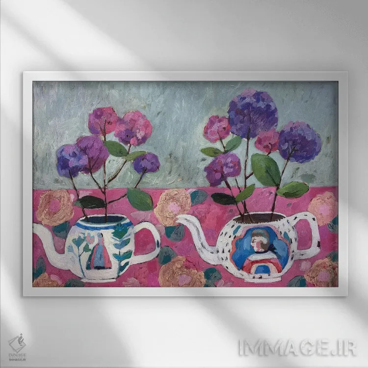 تابلو هورتانسیاها و قوریها اثر شارلوت هاردی - نمای قابدار سفید