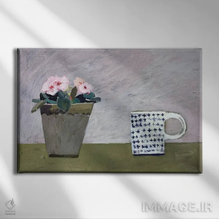 تابلو گیاه گلدانی صورتی اثر شارلوت هاردی - نمای روبهرو روی دیوار