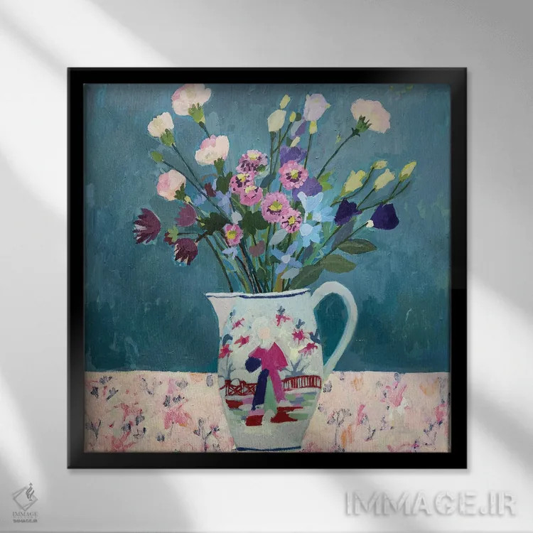 تابلو میخکهای صورتی (نوعی گل) اثر شارلوت هاردی - نمای قابدار مشکی