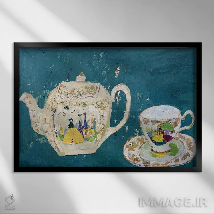 تابلو قوری و فنجان چای سدلار (برند انگلیسی) اثر شارلوت هاردی - نمای قابدار مشکی