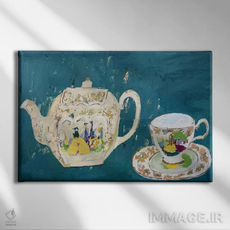 تابلو قوری و فنجان چای سدلار (برند انگلیسی) اثر شارلوت هاردی - نمای روبهرو روی دیوار