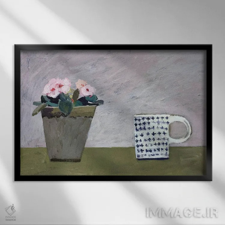 تابلو گیاه گلدانی صورتی اثر شارلوت هاردی - نمای قابدار مشکی