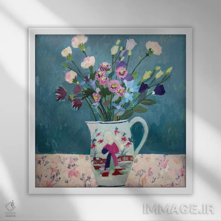 تابلو میخکهای صورتی (نوعی گل) اثر شارلوت هاردی - نمای قابدار سفید