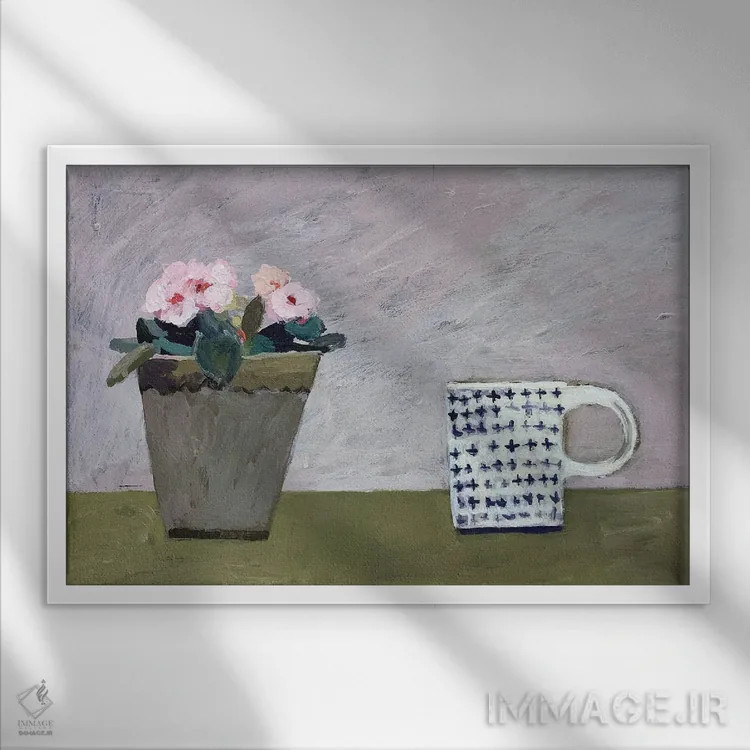 تابلو گیاه گلدانی صورتی اثر شارلوت هاردی - نمای قابدار سفید