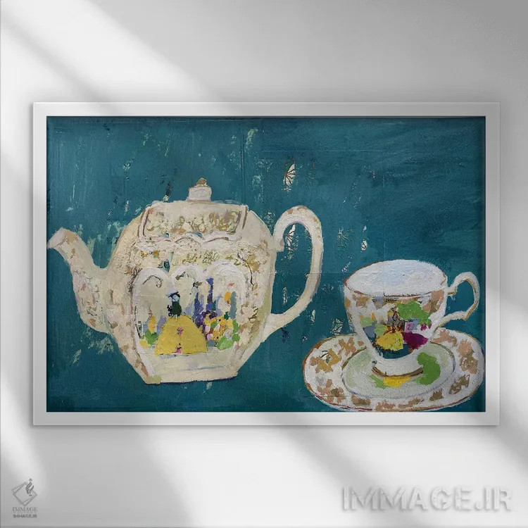 تابلو قوری و فنجان چای سدلار (برند انگلیسی) اثر شارلوت هاردی - نمای قابدار سفید