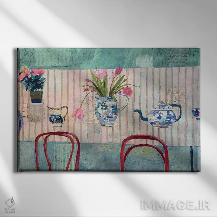 تابلو لالهها و بید آبی اثر شارلوت هاردی - نمای روبهرو روی دیوار