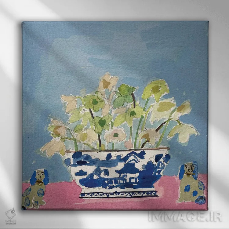 تابلو گلهای هللبور و آسمان آبی ژانویه اثر شارلوت هاردی - نمای روبهرو روی دیوار