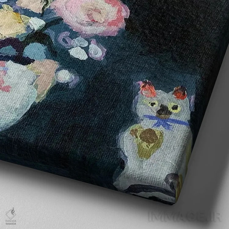 تابلو گربههای چینی و گلهای چینی (پُرسلان) اثر شارلوت هاردی - نمای نزدیک بافت بوم