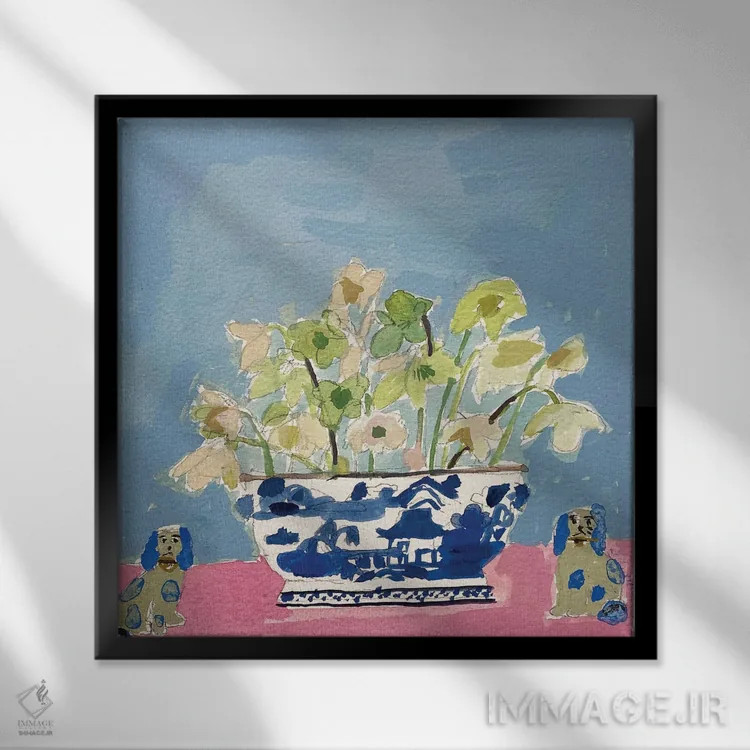 تابلو گلهای هللبور و آسمان آبی ژانویه اثر شارلوت هاردی - نمای قابدار مشکی