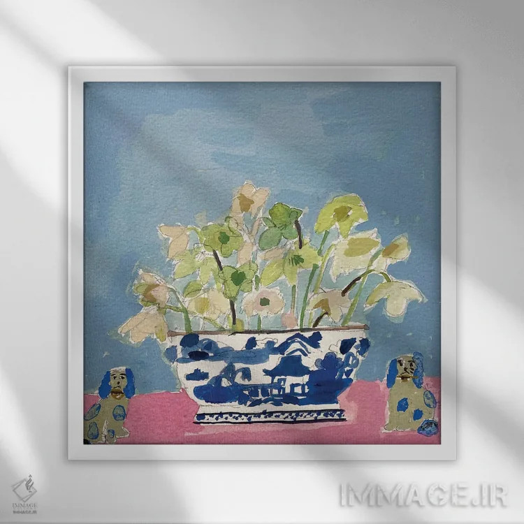 تابلو گلهای هللبور و آسمان آبی ژانویه اثر شارلوت هاردی - نمای قابدار سفید