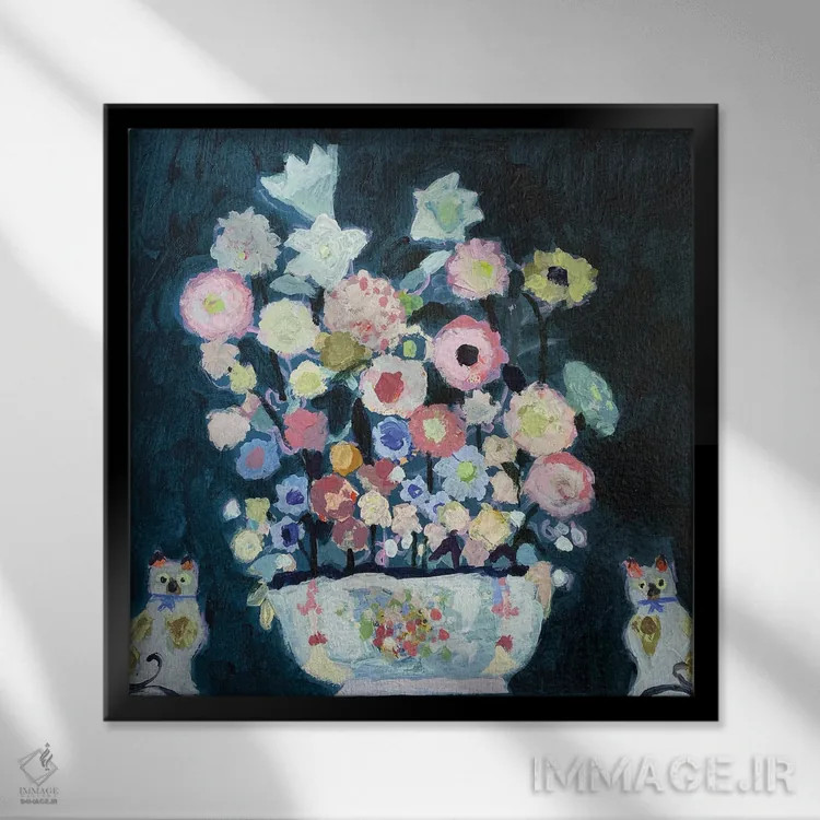 تابلو گربههای چینی و گلهای چینی (پُرسلان) اثر شارلوت هاردی - نمای قابدار مشکی