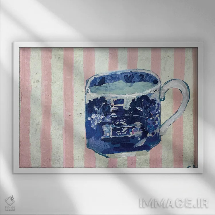 تابلو بید آبی روی راهراه صورتی اثر شارلوت هاردی - نمای قابدار سفید