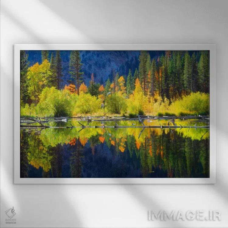 تابلو چشمانداز کوهستانی پرجنبوجوش و بازتاب آن، سیرا نوادا، کالیفرنیا، آمریکا اثر کریستوفر تالبوت فرانک - نمای قابدار سفید