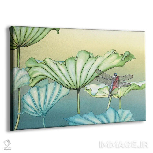 تابلو سنجاقک روی شکوفه نیلوفر آبی اثر کریستین ریشو - نمای پرسپکتیو محصول