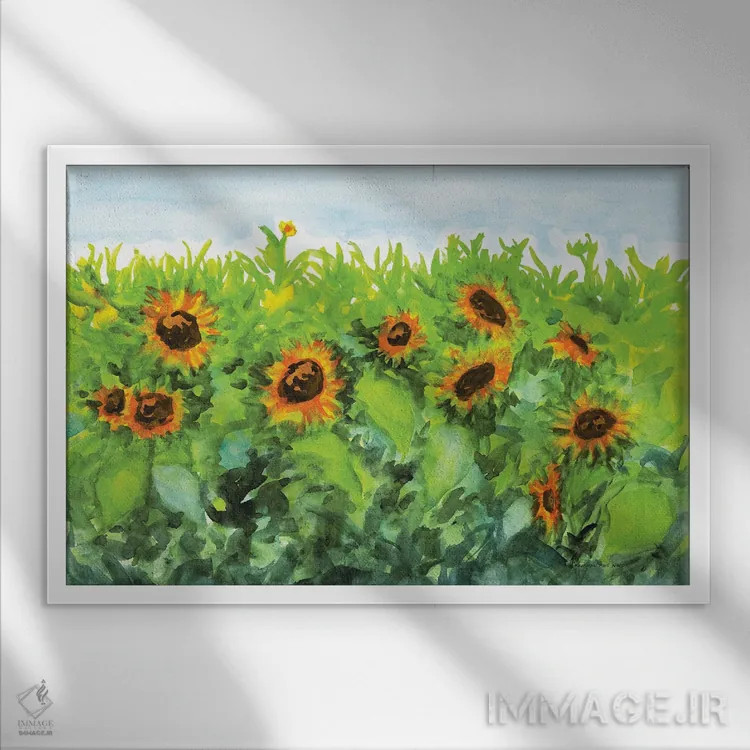 تابلو آفتابگردانهای تابستانی اثر کریستین ریشو - نمای قابدار سفید