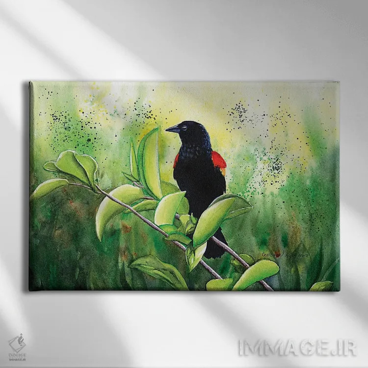 تابلو مرغ سیاه بالقرمز اثر کریستین ریشو - نمای روبهرو روی دیوار