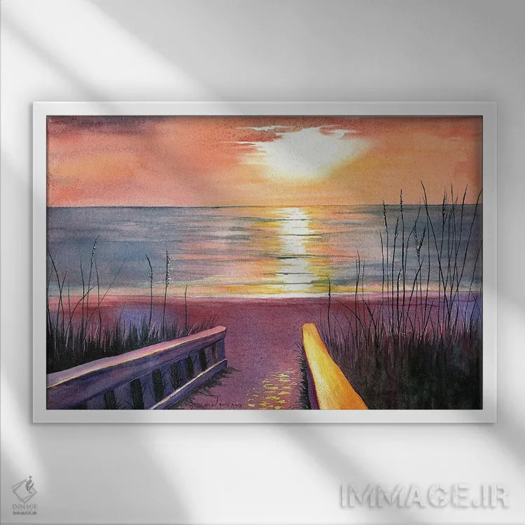 تابلو غروب جوی دریایی اثر کریستین ریشو - نمای قابدار سفید