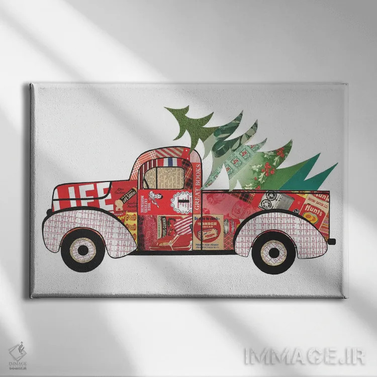 تابلو کامیون قرمز با درخت کریسمس اثر پیپر کاتز (استودیو طراحی کاغذی) - نمای روبهرو روی دیوار