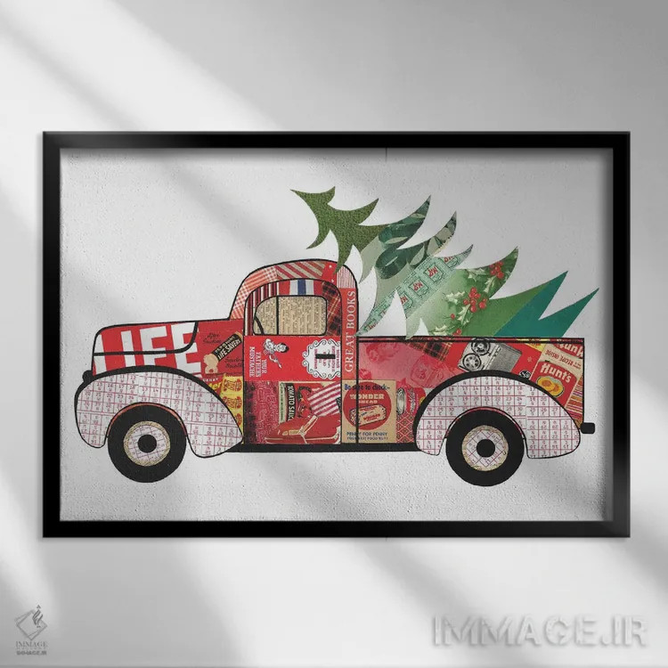 تابلو کامیون قرمز با درخت کریسمس اثر پیپر کاتز (استودیو طراحی کاغذی) - نمای قابدار مشکی