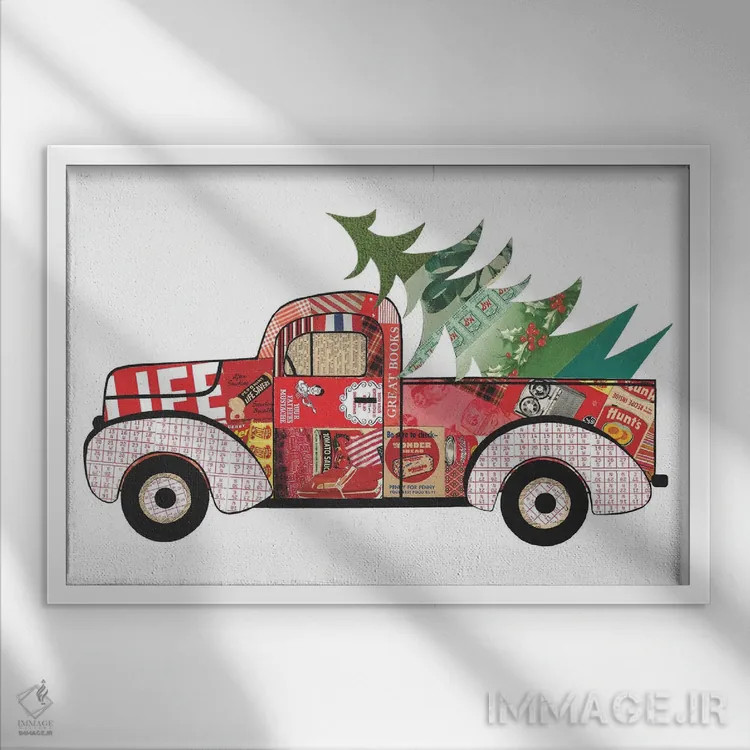 تابلو کامیون قرمز با درخت کریسمس اثر پیپر کاتز (استودیو طراحی کاغذی) - نمای قابدار سفید