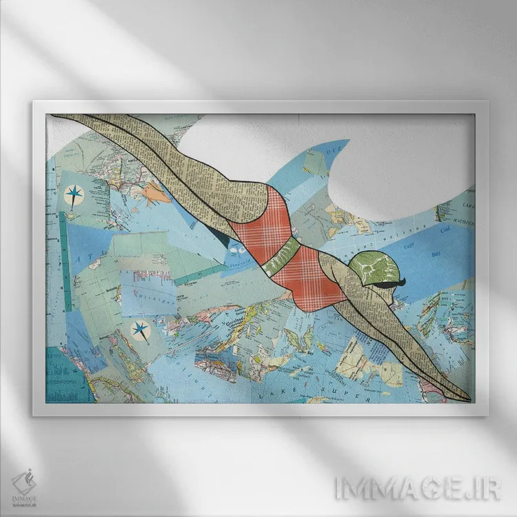 تابلو شناگر اثر پیپر کاتز (استودیو طراحی کاغذی) - نمای قابدار سفید