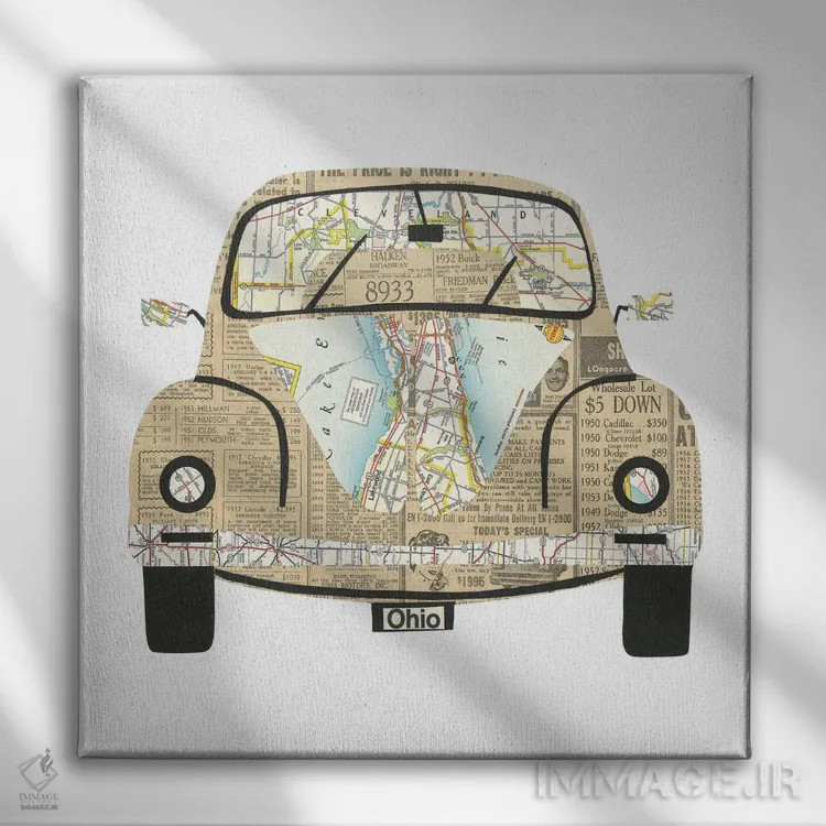 تابلو فولکس واگن بیتل (ماشین) اثر پیپر کاتز (استودیو طراحی کاغذی) - نمای روبهرو روی دیوار