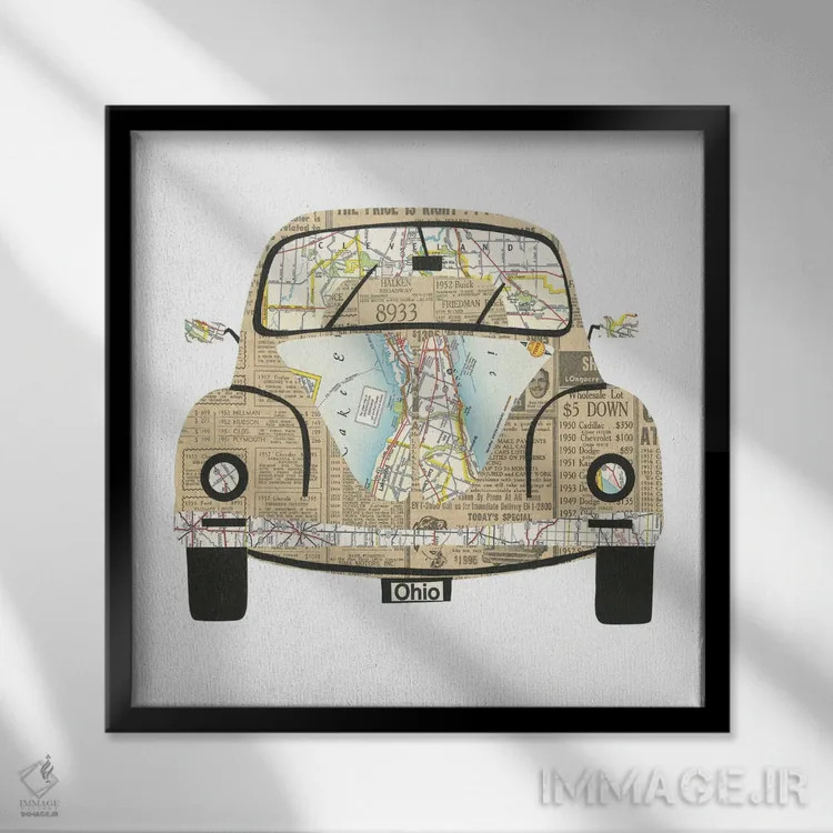 تابلو فولکس واگن بیتل (ماشین) اثر پیپر کاتز (استودیو طراحی کاغذی) - نمای قابدار مشکی