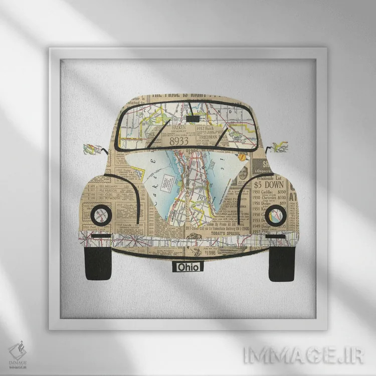 تابلو فولکس واگن بیتل (ماشین) اثر پیپر کاتز (استودیو طراحی کاغذی) - نمای قابدار سفید