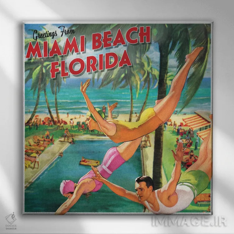 تابلو سفر به ساحل میامی اثر سَتردی ایونینگ پُست (مجله و برند هنری آمریکایی) - نمای روبهرو روی دیوار