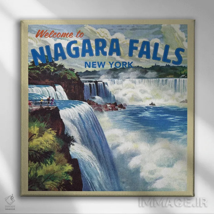 تابلو به آبشار نیاگارا خوش آمدید اثر سَتردی ایونینگ پُست (مجله و برند هنری آمریکایی) - نمای روبهرو روی دیوار
