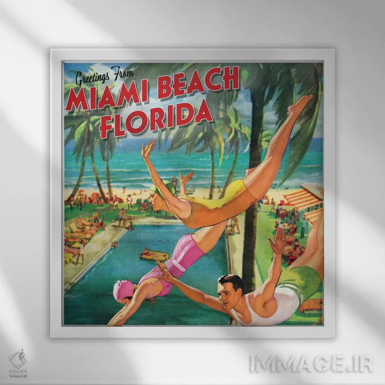 تابلو سفر به ساحل میامی اثر سَتردی ایونینگ پُست (مجله و برند هنری آمریکایی) - نمای قابدار سفید