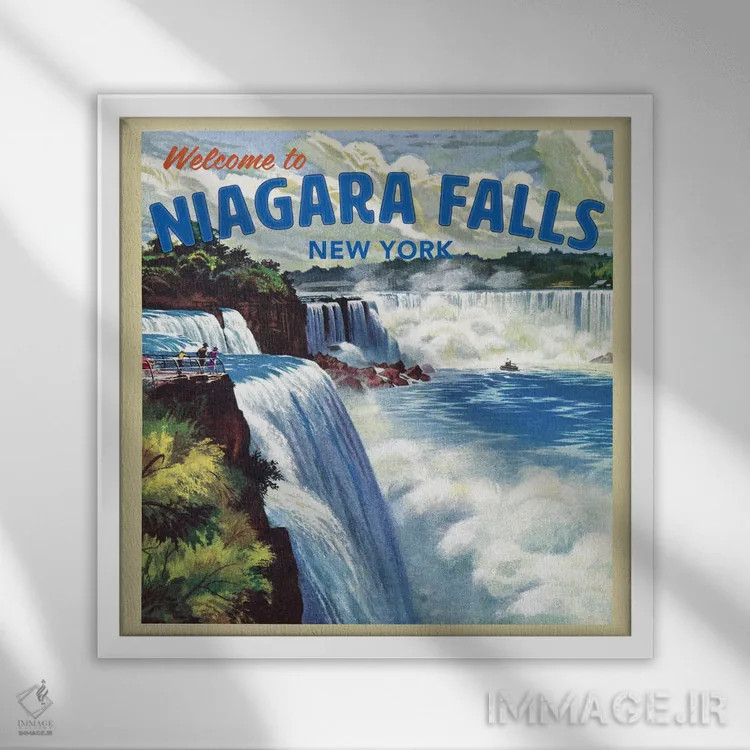 تابلو به آبشار نیاگارا خوش آمدید اثر سَتردی ایونینگ پُست (مجله و برند هنری آمریکایی) - نمای قابدار سفید