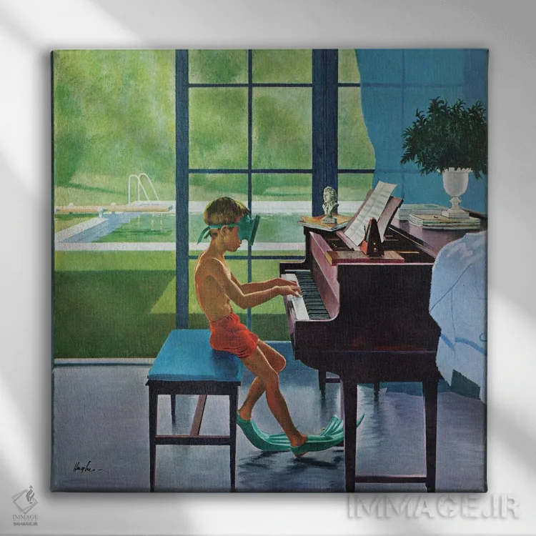 تابلو تمرین پیانو کنار استخر اثر جورج هیوز - نمای روبهرو روی دیوار