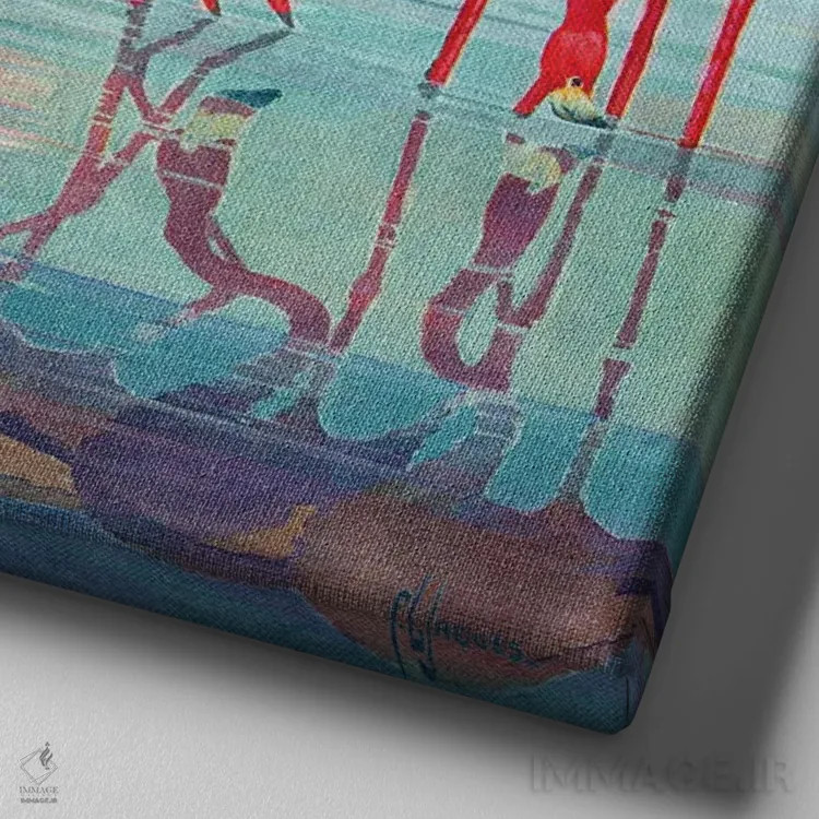 تابلو فلامینگوهای صورتی اثر فرانسیس لی جاکس - نمای نزدیک بافت بوم