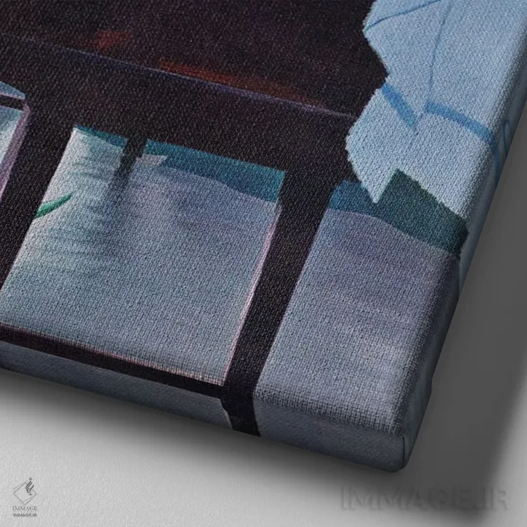 تابلو تمرین پیانو کنار استخر اثر جورج هیوز - نمای نزدیک بافت بوم