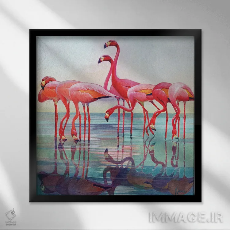 تابلو فلامینگوهای صورتی اثر فرانسیس لی جاکس - نمای قابدار مشکی