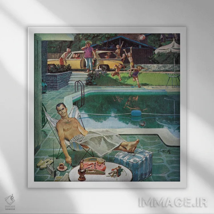 تابلو مهمانان ناخواندهٔ استخر اثر ثورتون اوتز (هنرمند آمریکایی) - نمای قابدار سفید
