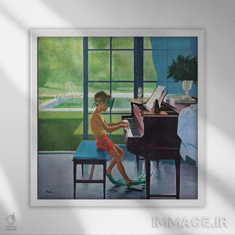 تابلو تمرین پیانو کنار استخر اثر جورج هیوز - نمای قابدار سفید