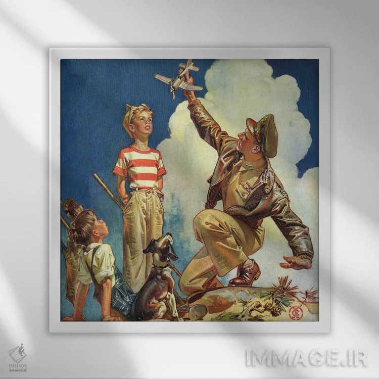 تابلو خلبان کهنهکار اثر جیسی لیندکر (نقاش آمریکایی) - نمای قابدار سفید