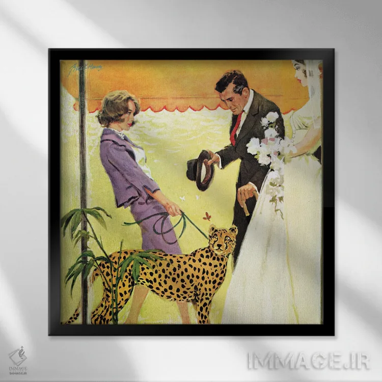 تابلو بانویی با یوزپلنگ اثر لین باکهام - نمای قابدار مشکی