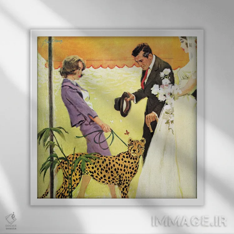 تابلو بانویی با یوزپلنگ اثر لین باکهام - نمای قابدار سفید