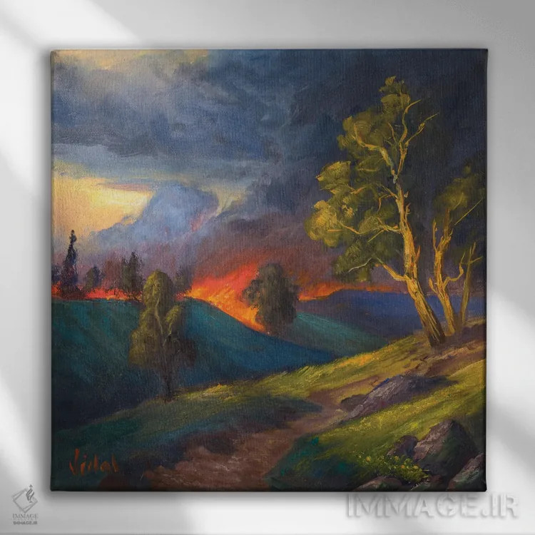 تابلو آتشسوزی جنگلی اثر کریستوفر ویدال - نمای روبهرو روی دیوار