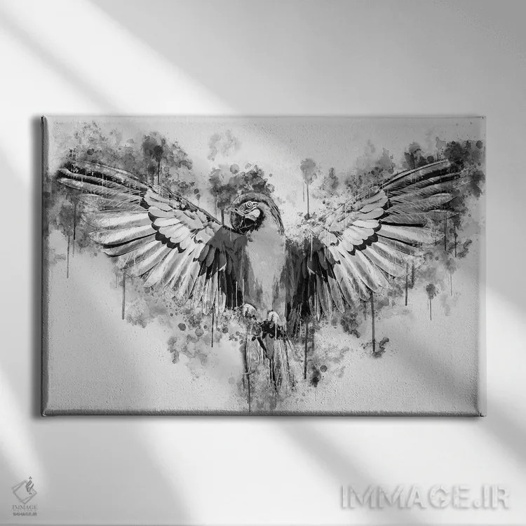 تابلو طوطی در سیاه و سفید اثر کورنل ولاد - نمای روبهرو روی دیوار