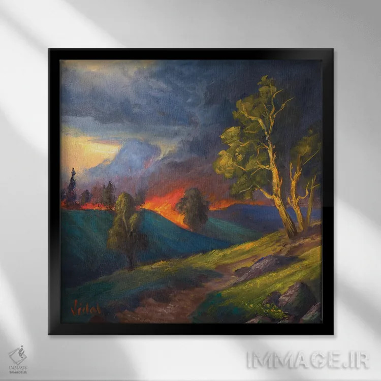 تابلو آتشسوزی جنگلی اثر کریستوفر ویدال - نمای قابدار مشکی